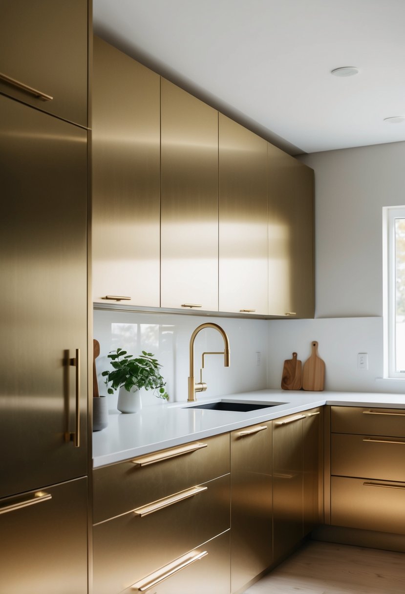 A sleek, modern kitchen with brushed brass cabinet handles and minimalist Scandi design
