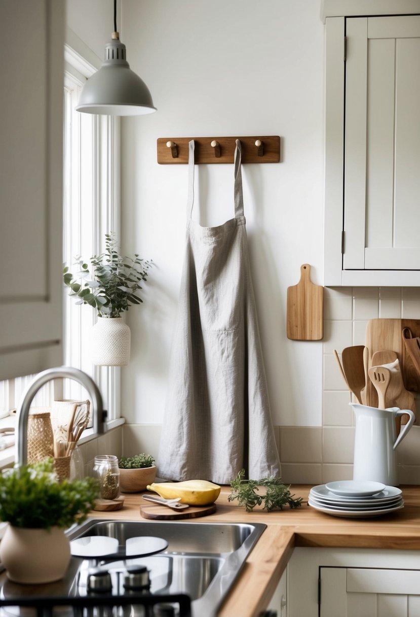 A cozy kitchen with a linen apron hanging on a hook, surrounded by Scandi-inspired decor and utensils