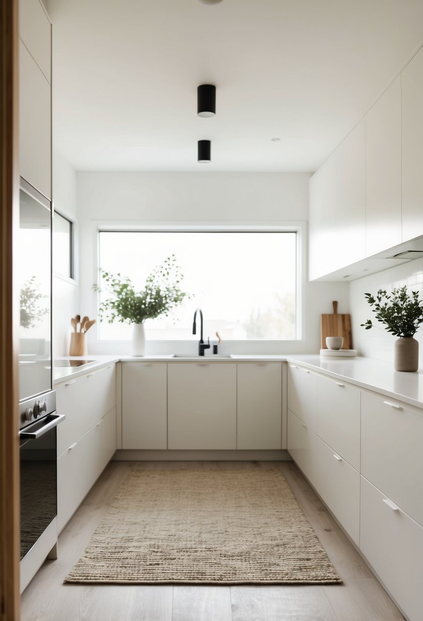 A neutral tone rug in a minimalist Scandi kitchen with clean lines and natural light