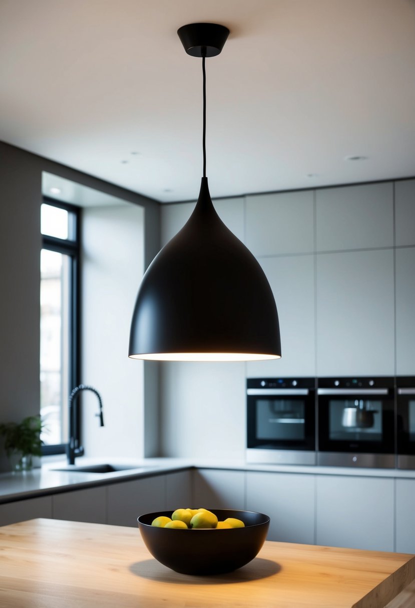 A sleek black pendant light illuminates a modern, minimalist Scandi kitchen