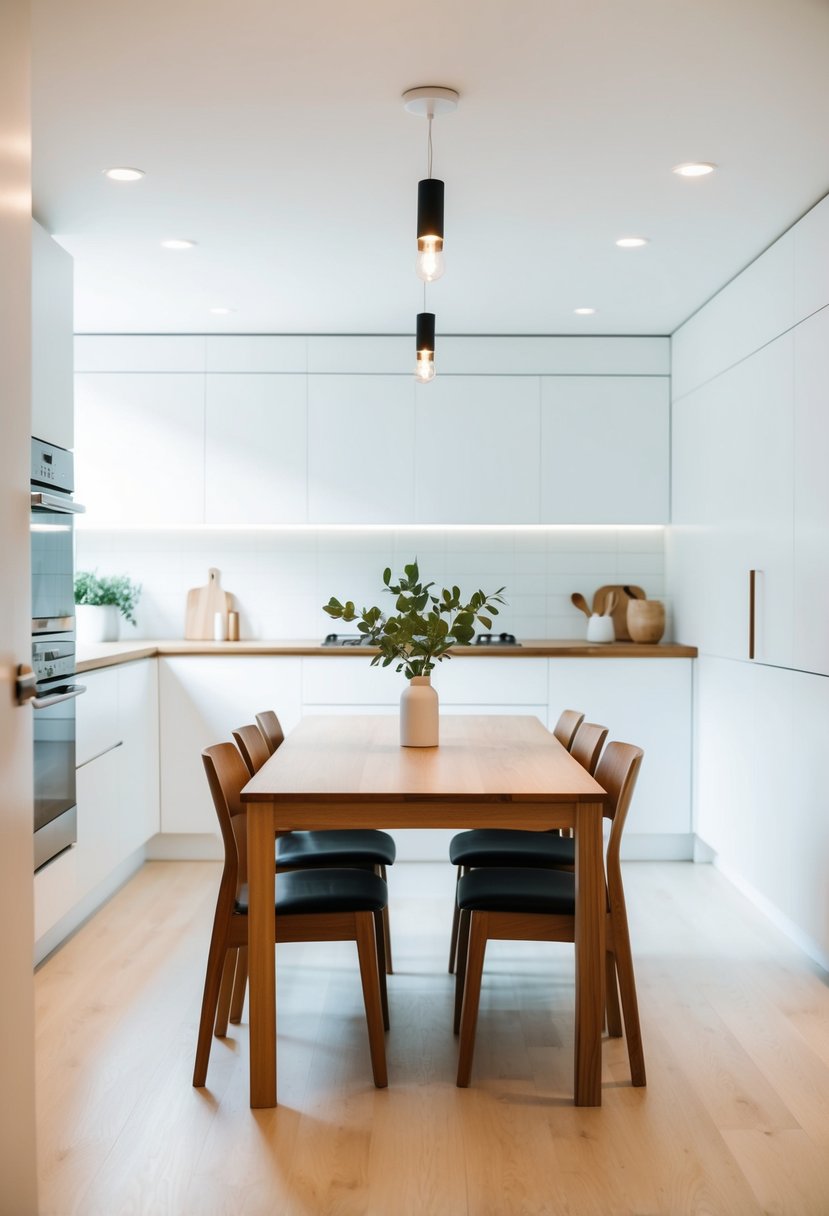 A simple wooden dining table in a bright, modern kitchen with clean lines and minimal decor