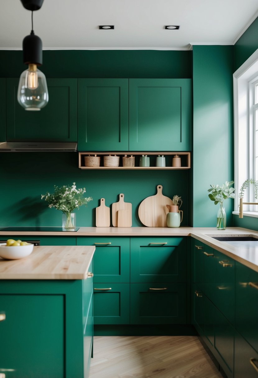 A green-tinted kitchen with minimalist Scandi storage and decor