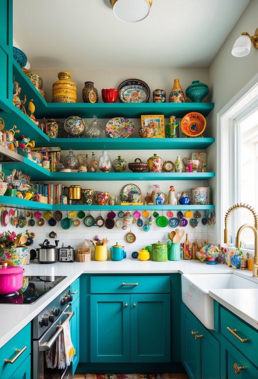 A small, vibrant kitchen with maximalist decor features floating shelves filled with colorful collectibles and trinkets. The shelves are adorned with an eclectic mix of items, creating a visually stimulating display
