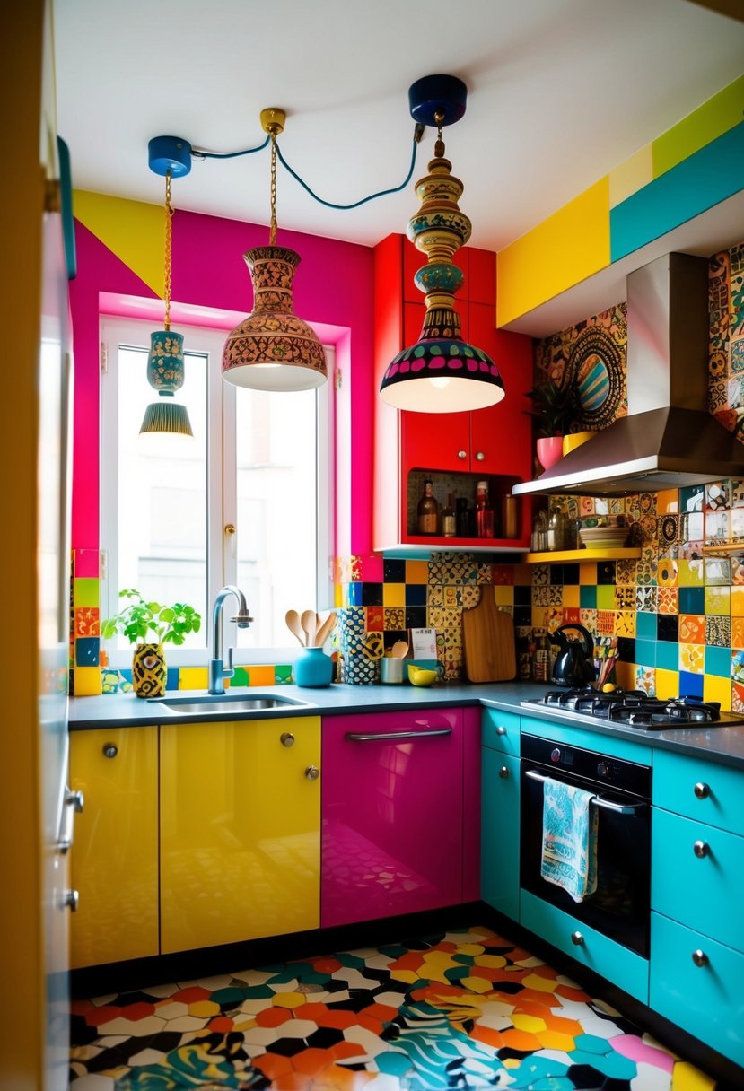 A small, vibrant kitchen with eclectic pendant lighting and maximalist decor. Colorful tiles, bold patterns, and a mix of textures create a lively atmosphere