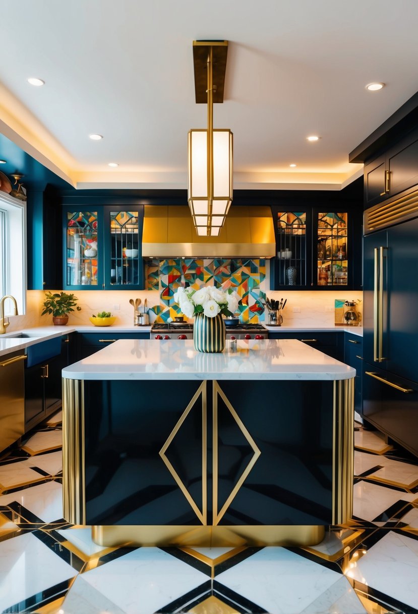A sleek Art Deco kitchen island with bold geometric patterns and luxurious materials, surrounded by vibrant and eclectic small maximalist kitchen decor