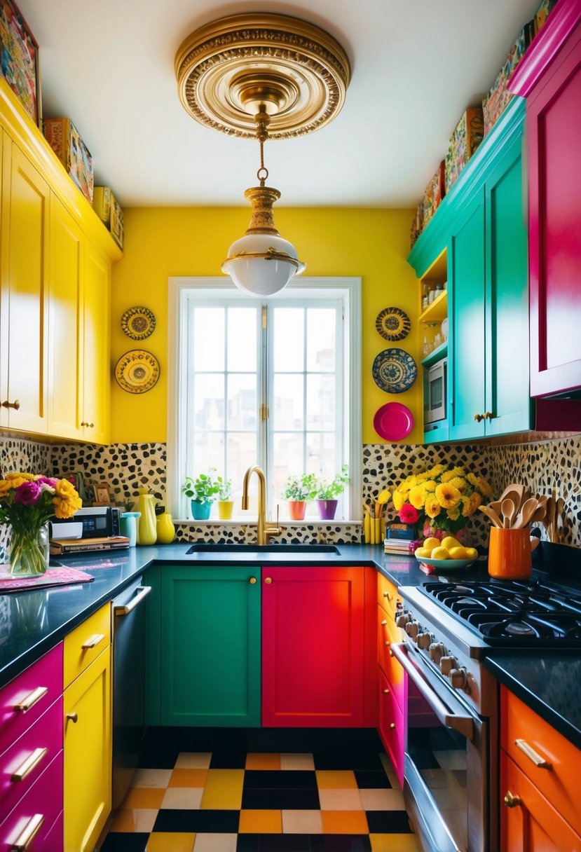 A small, vibrant kitchen with bold cabinet colors, eclectic decor, and maximalist design elements. Bright and lively atmosphere