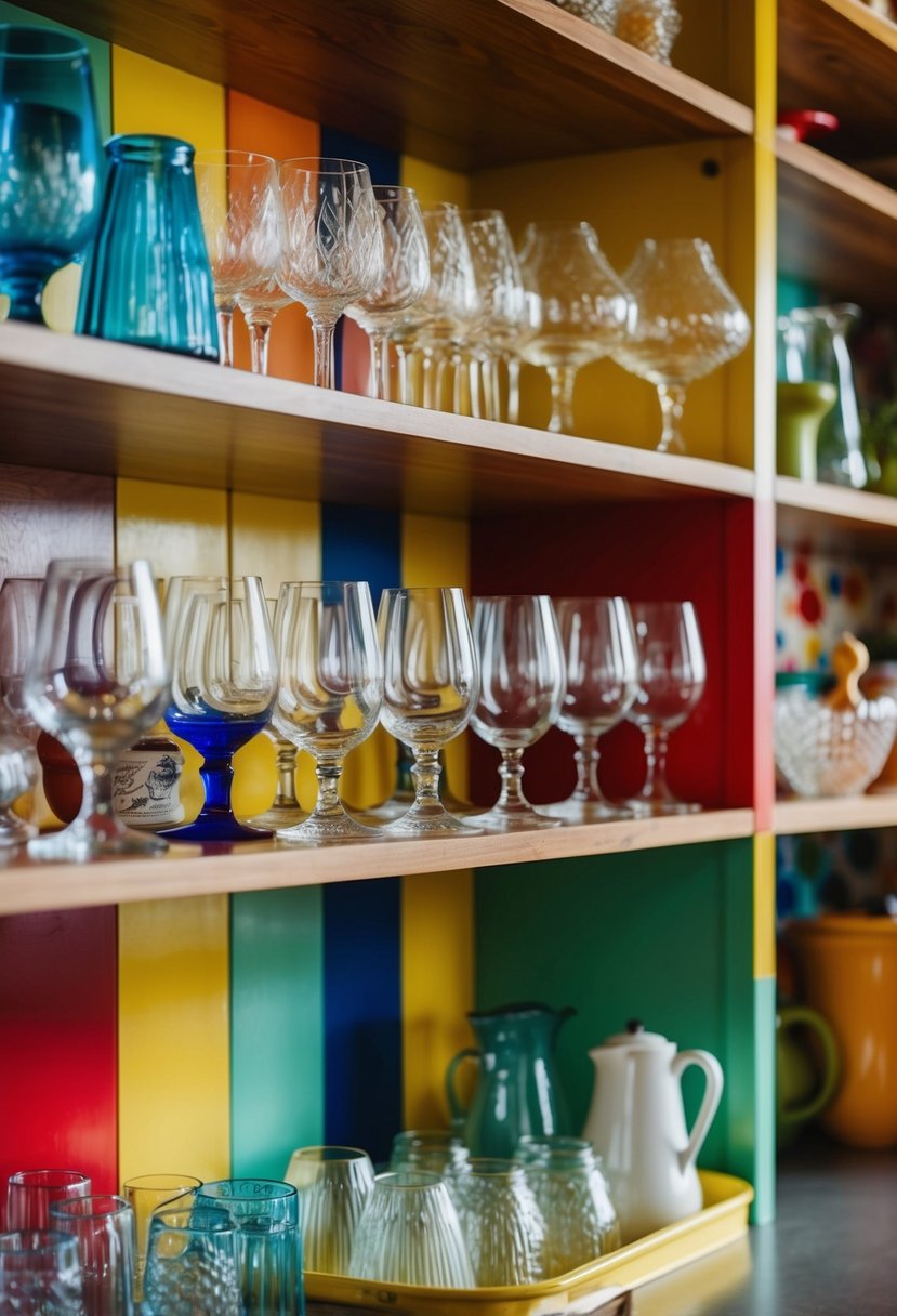 A collection of vintage glassware arranged on open shelves in a colorful and eclectic kitchen