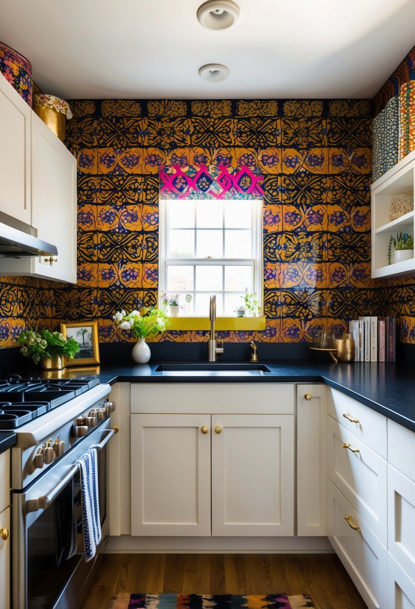 A small kitchen with a bold, patterned backsplash, featuring vibrant colors and intricate designs. The space is filled with maximalist decor and accessories