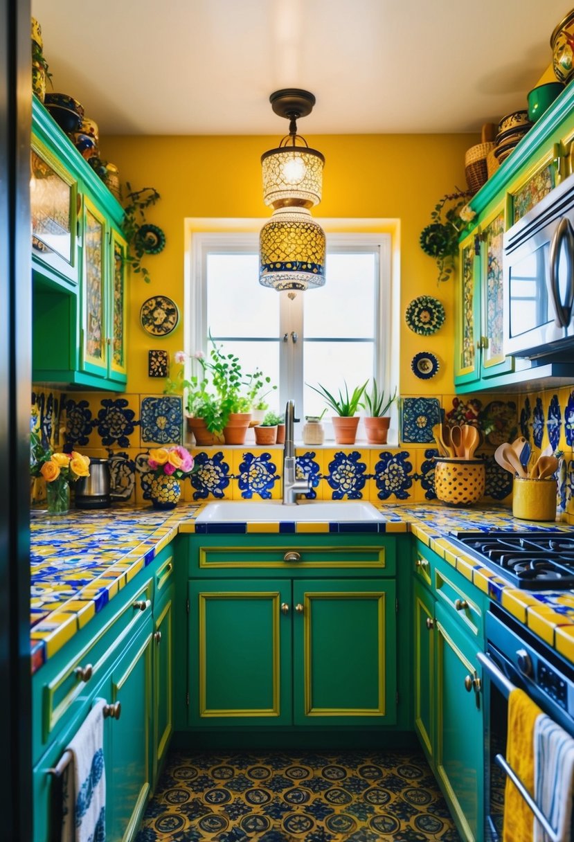 A small, vibrant kitchen with artisan tile countertops, filled with eclectic decor and maximalist design elements