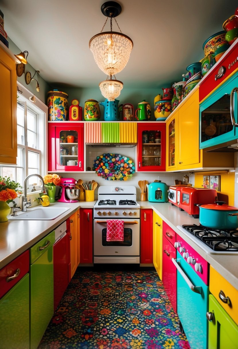 A cozy kitchen filled with colorful retro appliances and eclectic decor, creating a small but vibrant maximalist space