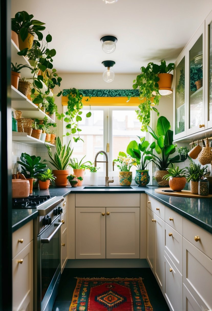 A small, maximalist kitchen with a variety of decorative plants arranged in a colorful and eclectic manner