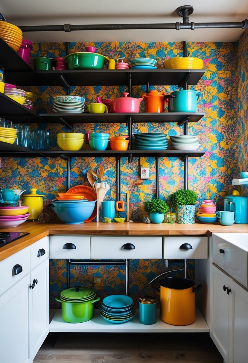 A small maximalist kitchen with industrial pipe shelving filled with colorful dishes and cookware, vibrant patterned wallpaper, and eclectic decorative accents