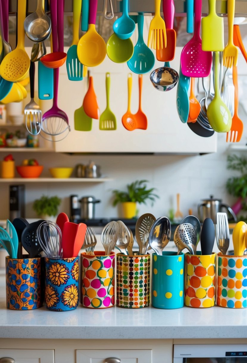 A vibrant array of utensil holders in a maximalist kitchen, each adorned with bold and colorful patterns, creating a lively and eclectic atmosphere