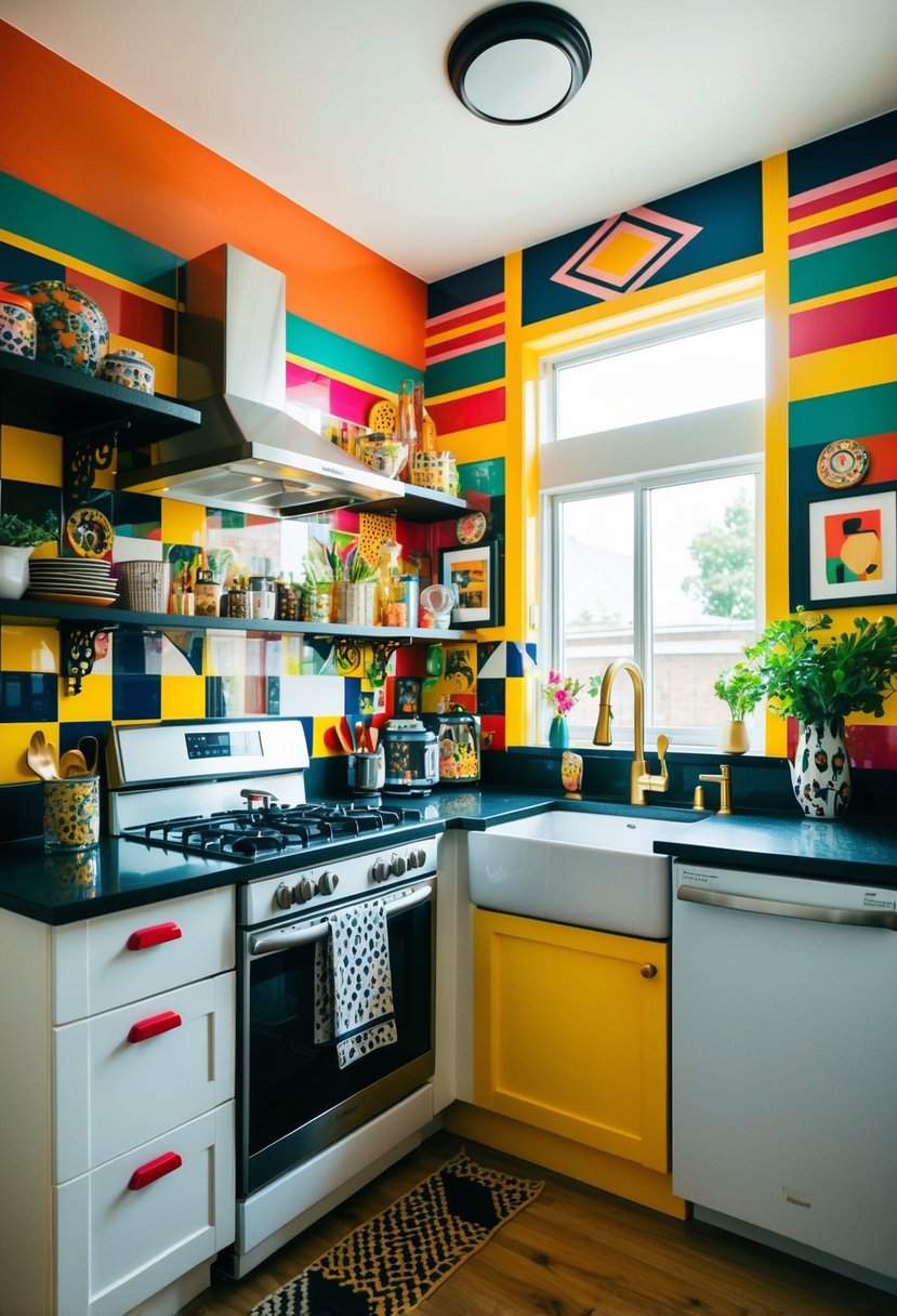 A small maximalist kitchen with vibrant accent wall murals, bold patterns, and eclectic decor