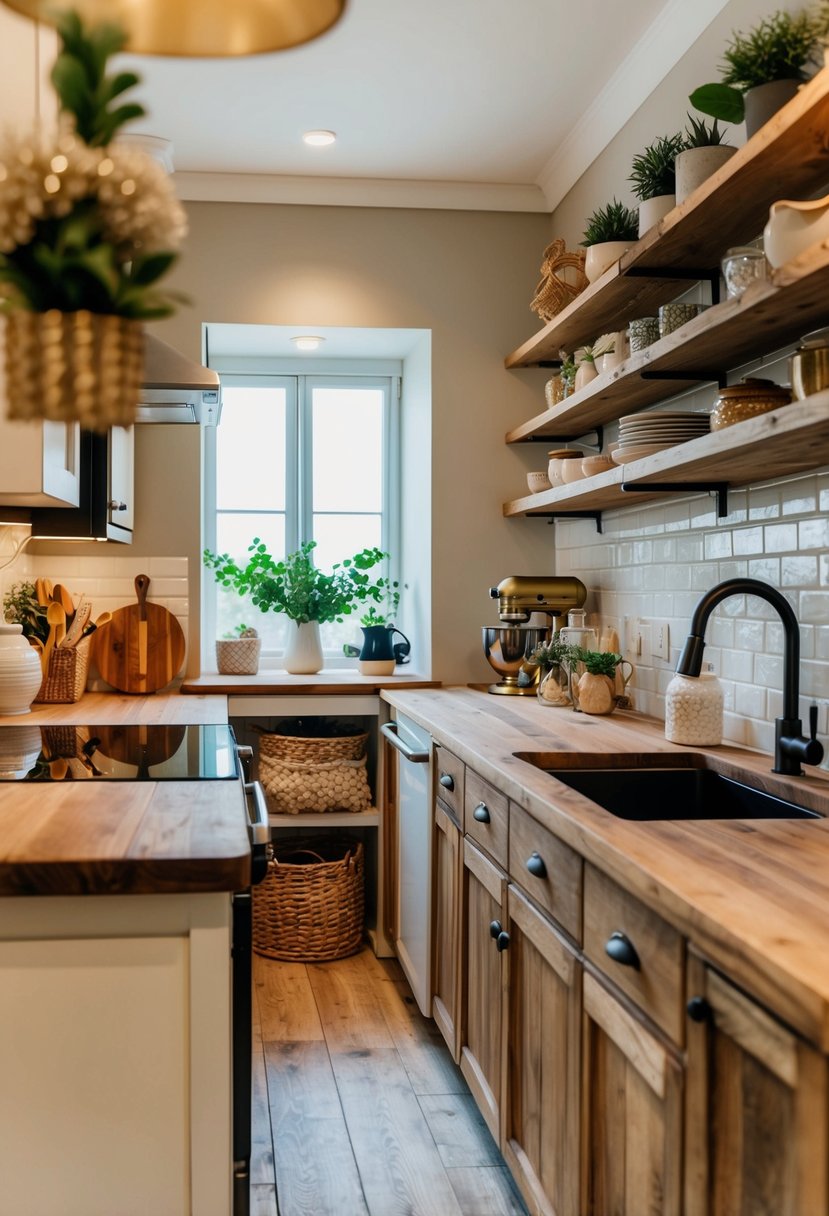 A cozy kitchen with rustic wooden countertops, adorned with small maximalist decor and accessories