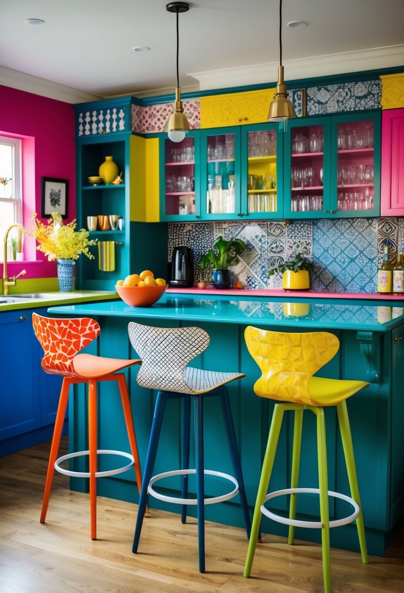 Colorful bar stools in a vibrant, eclectic kitchen. Various patterns and textures create a maximalist feel