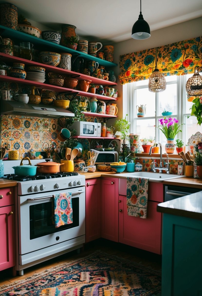 A cozy, cluttered kitchen with vibrant colors, eclectic patterns, and an abundance of decorative objects filling every available space