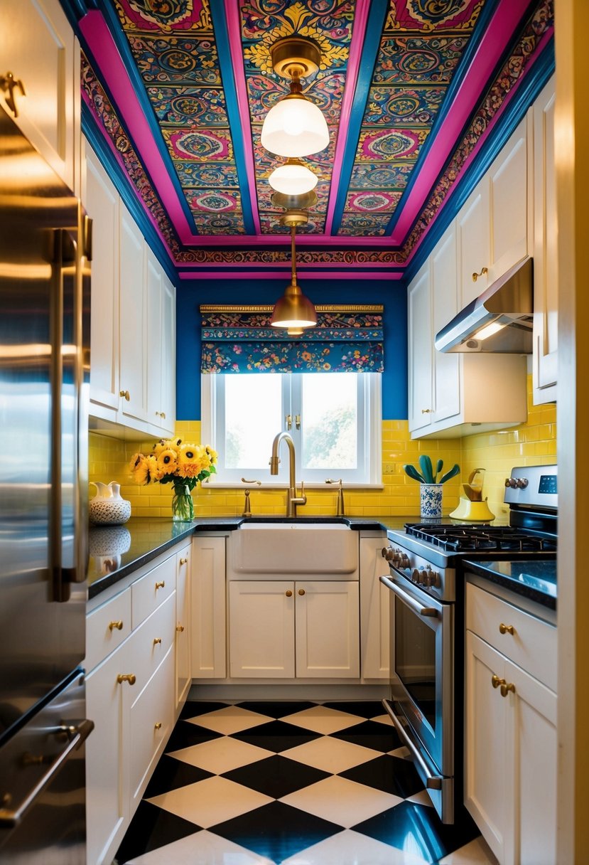 A small, maximalist kitchen with a bold, painted ceiling featuring vibrant colors and intricate patterns