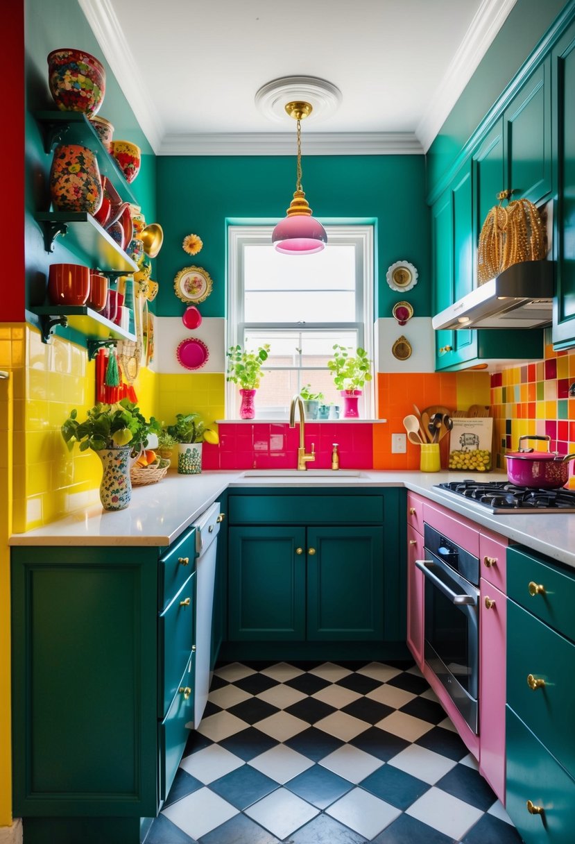 A small maximalist kitchen with color-blocked walls and eclectic decor
