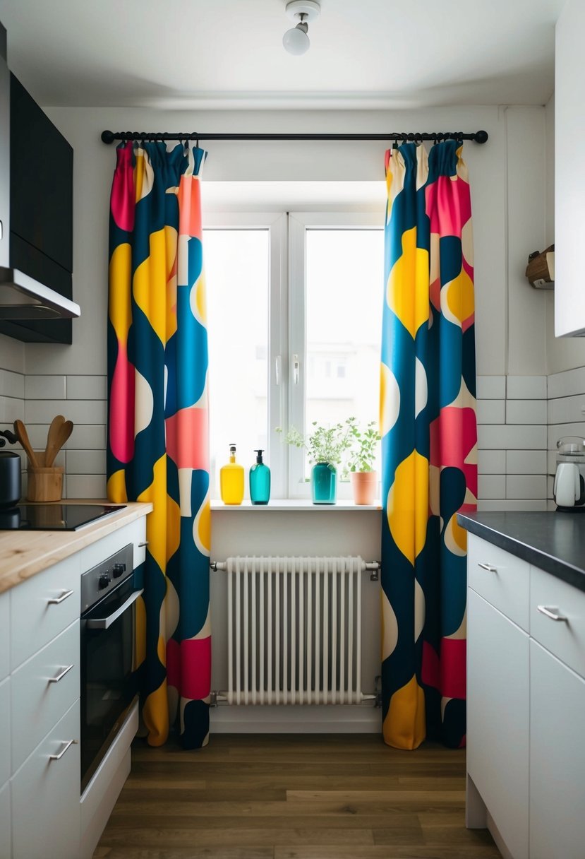 A small kitchen with bold, colorful patterns on the curtains, against a backdrop of minimalist decor