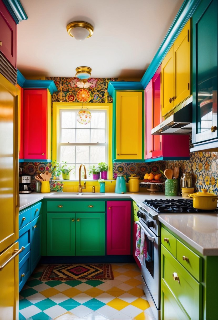 Vibrantly colored cabinets fill a cozy kitchen with eclectic decor and bold patterns. Bright, lively atmosphere with small-scale maximalist design