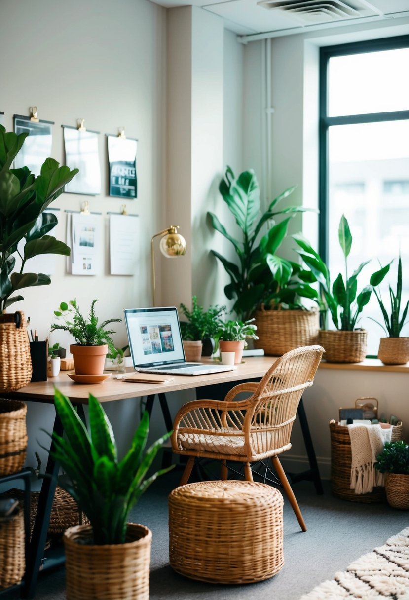 A cozy office space filled with wicker baskets, plants, and bohemian decor