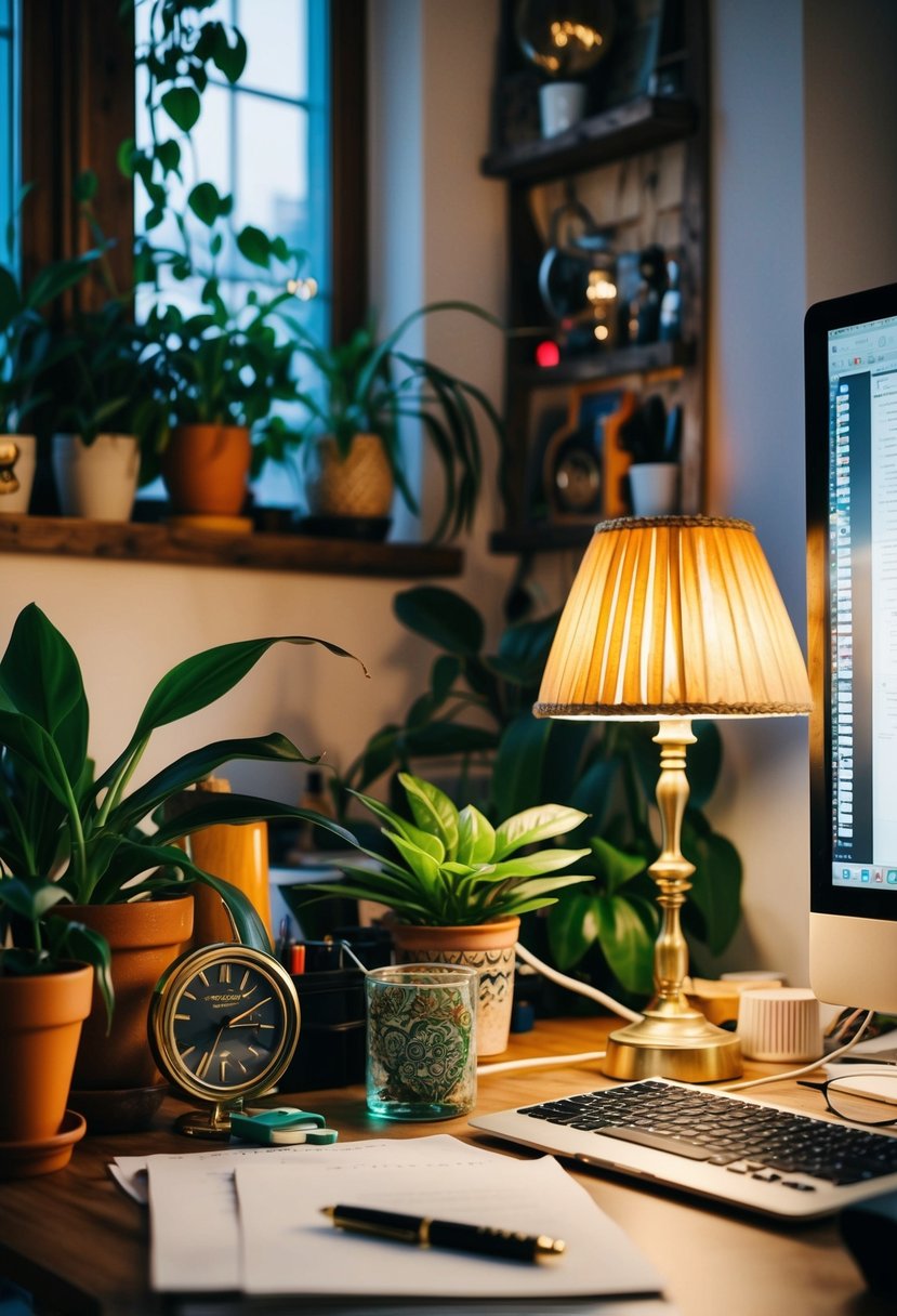 A cluttered desk with a bohemian-style lamp, plants, and eclectic office decor