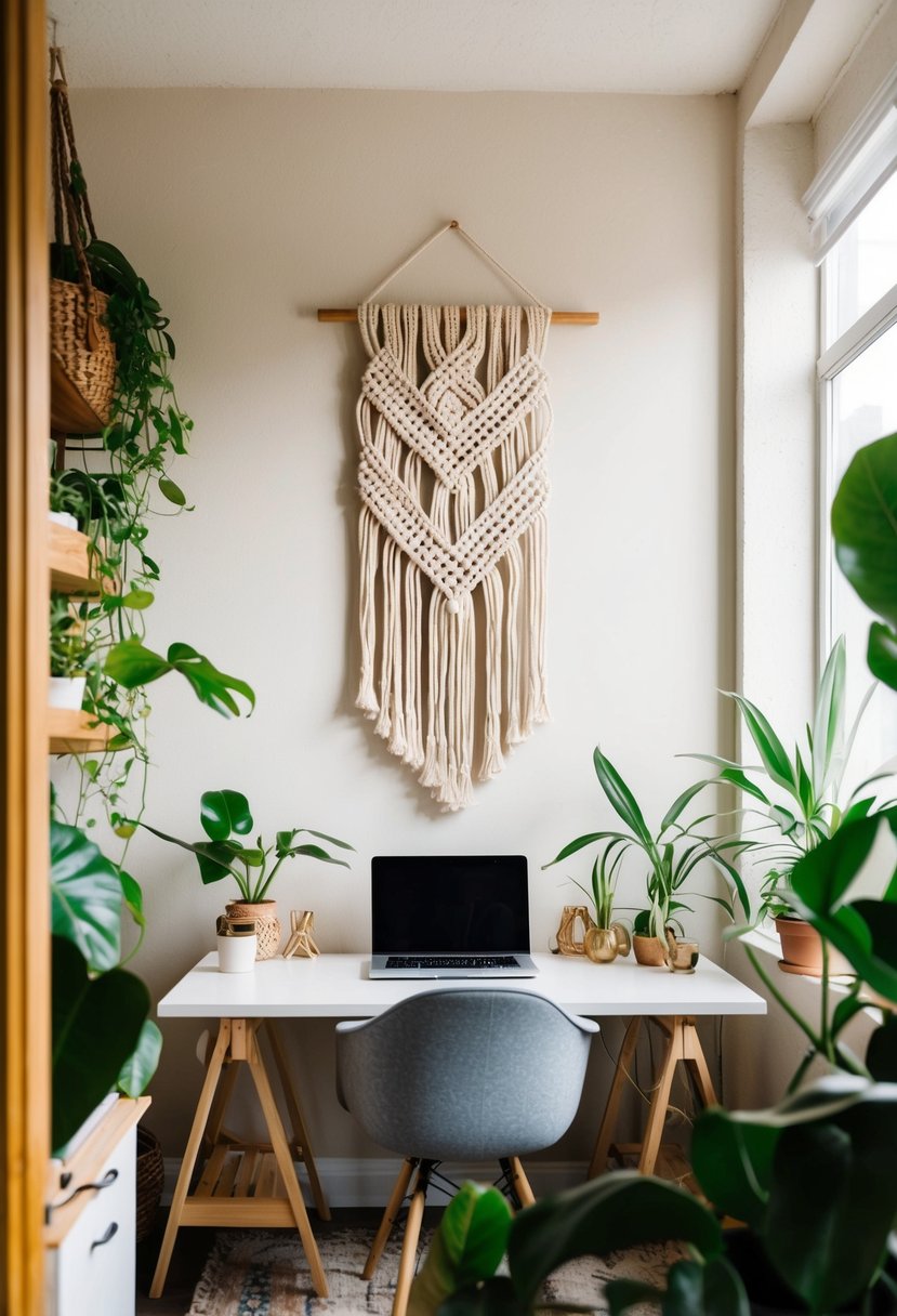 A cozy office with a macrame wall art piece hanging above a desk, surrounded by bohemian decor and green plants
