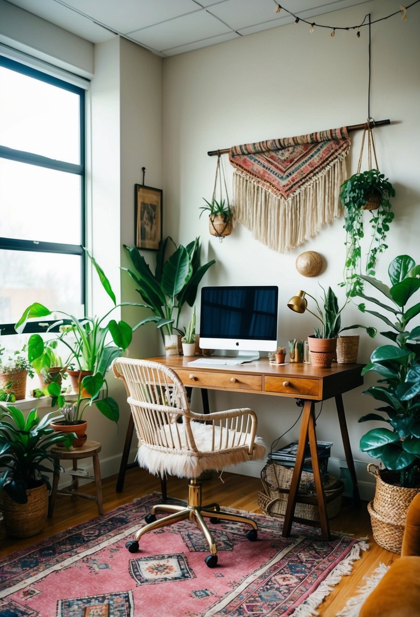 A cozy boho office with a vintage rug, plants, and eclectic decor