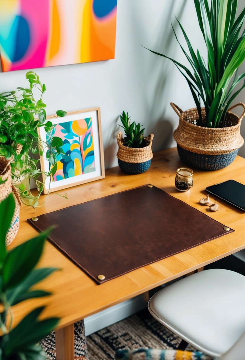 A leather desk pad sits on a wooden desk surrounded by boho office decor, including plants, woven baskets, and colorful artwork