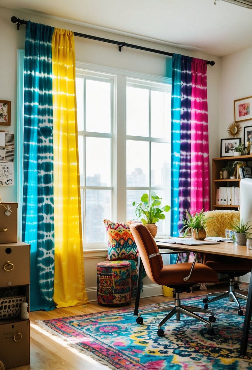 Colorful tie-dye curtains hang in a bohemian-inspired office, with eclectic decor and natural light streaming in