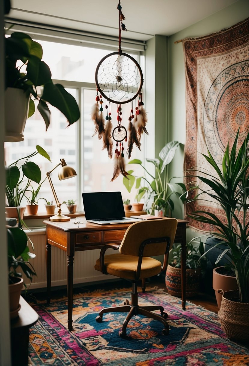A cozy bohemian office with a dreamcatcher hanging above a vintage desk, surrounded by plants, tapestries, and colorful rugs