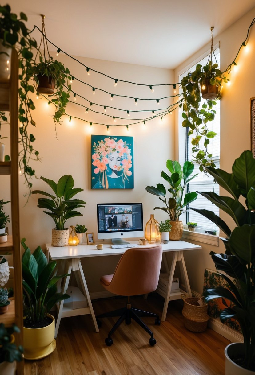 A cozy office with bohemian decor, featuring string lights draped around plants and artwork, creating a warm and inviting atmosphere