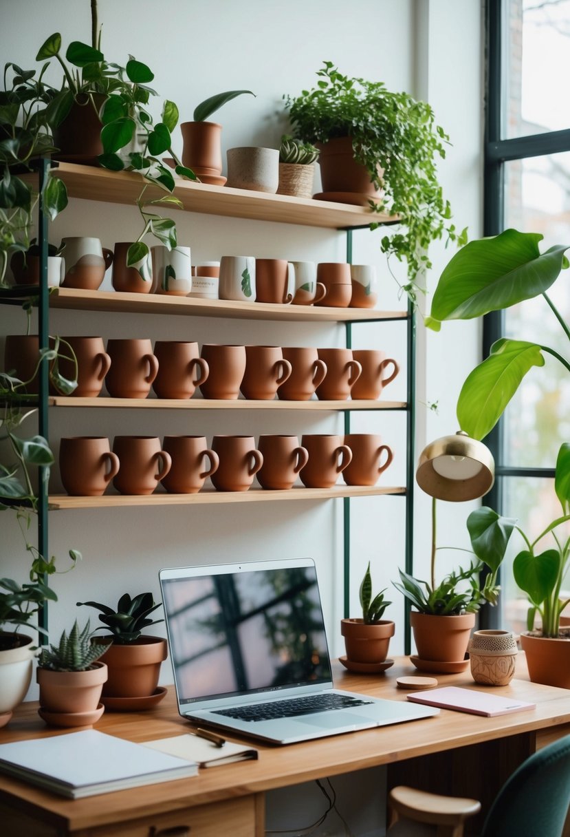 A cozy boho office with shelves of handcrafted clay mugs, surrounded by plants and natural light