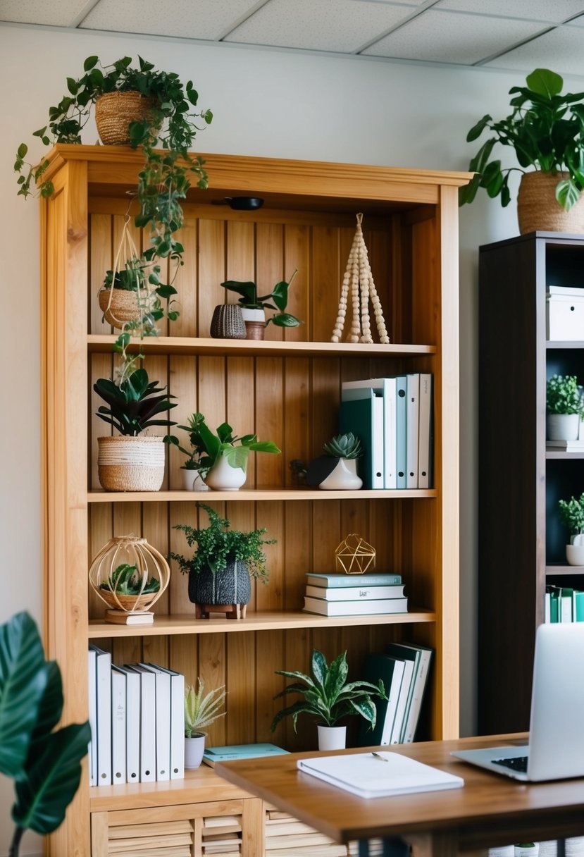 A natural wood bookshelf adorned with boho decor and plants in a cozy office setting