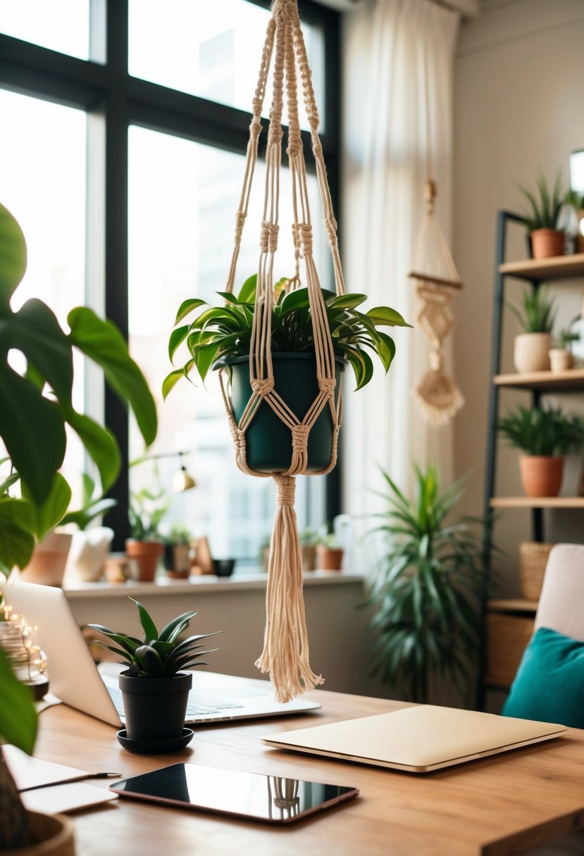 A cozy office with a macrame hanging plant holder, surrounded by bohemian decor and natural light