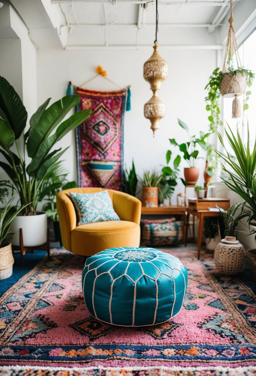 A colorful Moroccan pouf sits in a bohemian office with plants, rugs, and eclectic decor
