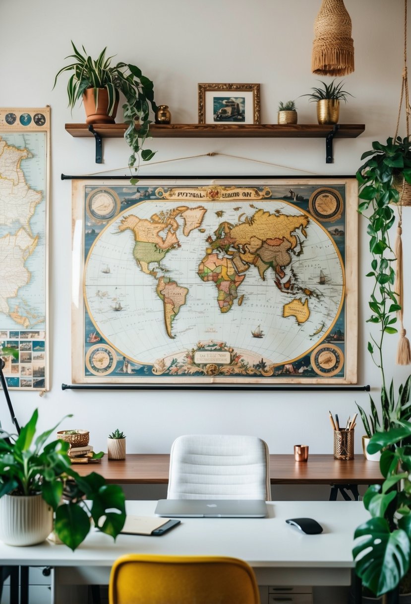 An antique map hangs on a boho office wall, surrounded by eclectic decor and plants