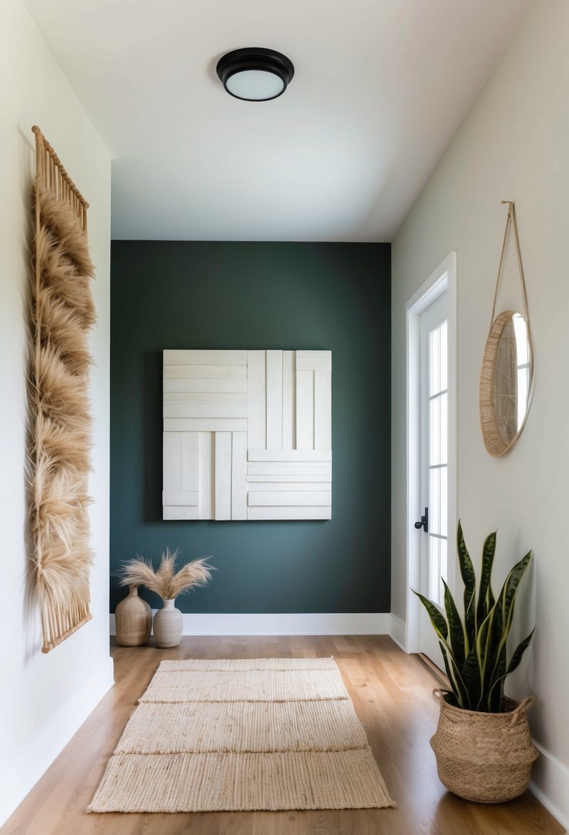 A serene Japandi entryway with an oversized wall art piece as the focal point, featuring minimalistic decor and natural materials