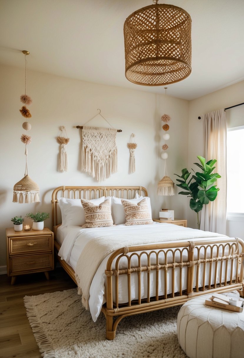 A cozy bedroom with a rattan bed frame surrounded by boho decor and soft lighting
