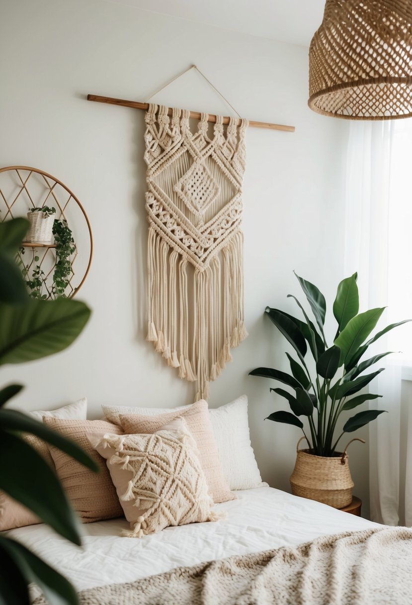 A cozy boho bedroom with a macrame wall hanging as the focal point, surrounded by plants and soft, natural lighting