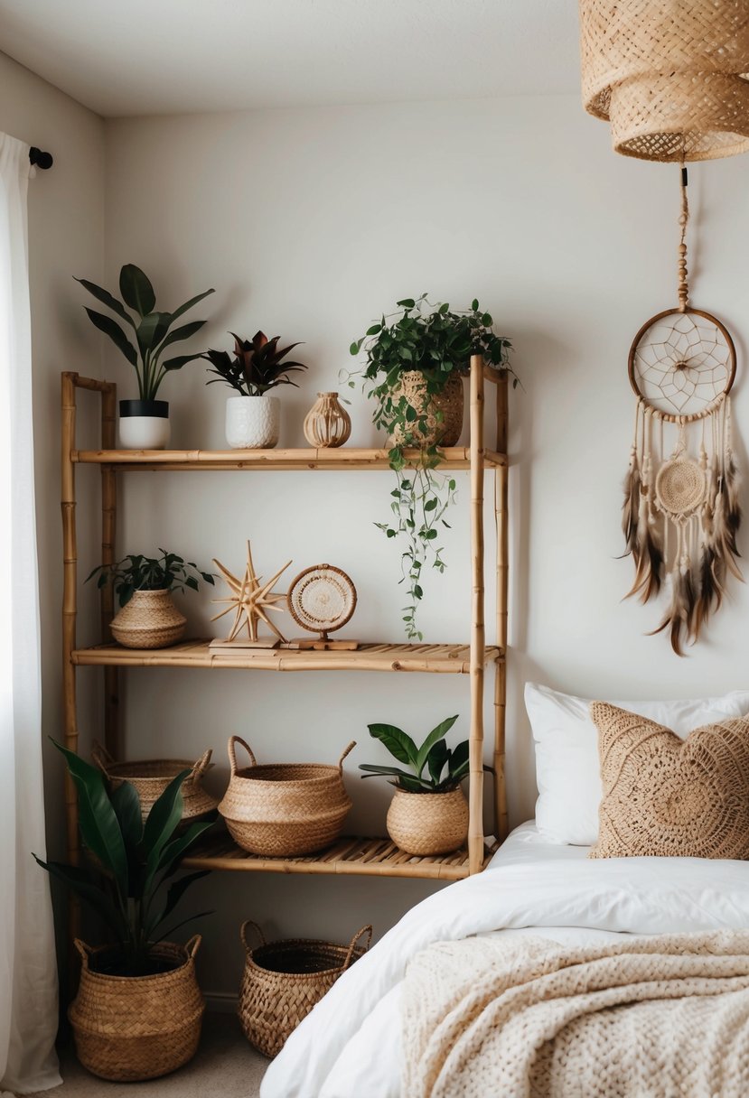 A cozy bedroom with bamboo shelving filled with boho decor, including plants, dreamcatchers, and woven baskets