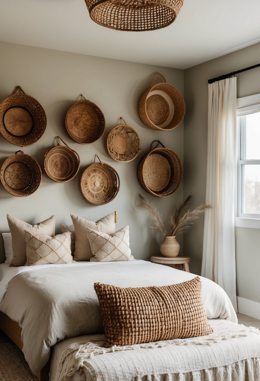 A cozy bedroom with woven baskets adorning the walls and shelves, creating a bohemian and natural ambiance