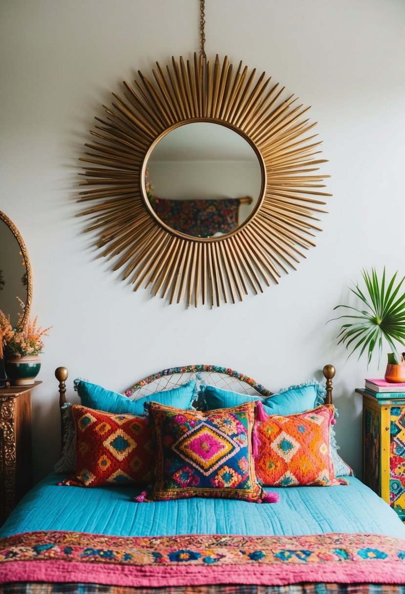A sunburst mirror hangs above a bohemian bedroom with eclectic decor and vibrant colors