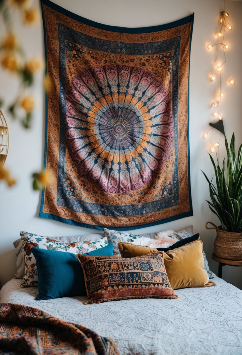A cozy bedroom with eclectic decor: a colorful tapestry hangs above a low bed adorned with mismatched pillows and draped with a patterned throw