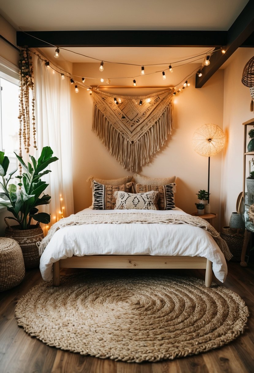 A cozy boho bedroom with a jute area rug as the centerpiece, surrounded by eclectic decor and soft, warm lighting