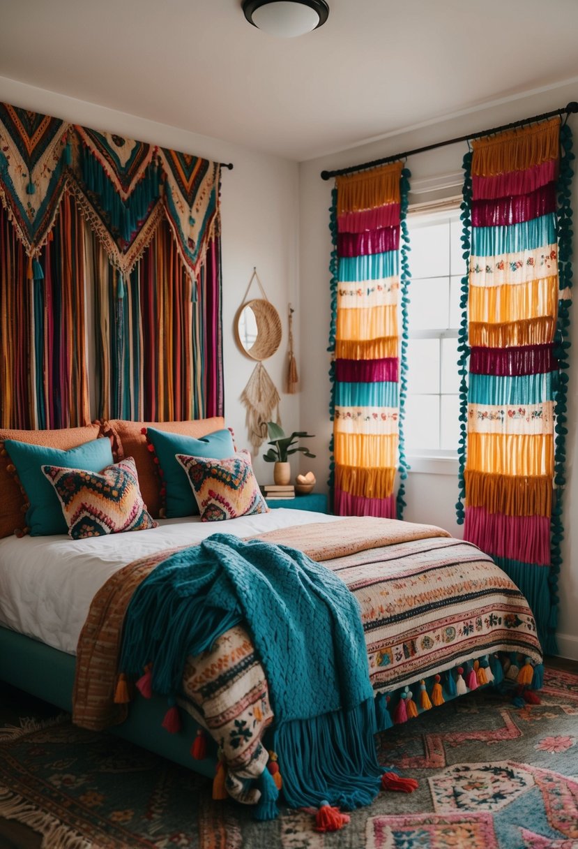 A cozy boho bedroom with vibrant fringe curtains, layered textiles, and eclectic decor