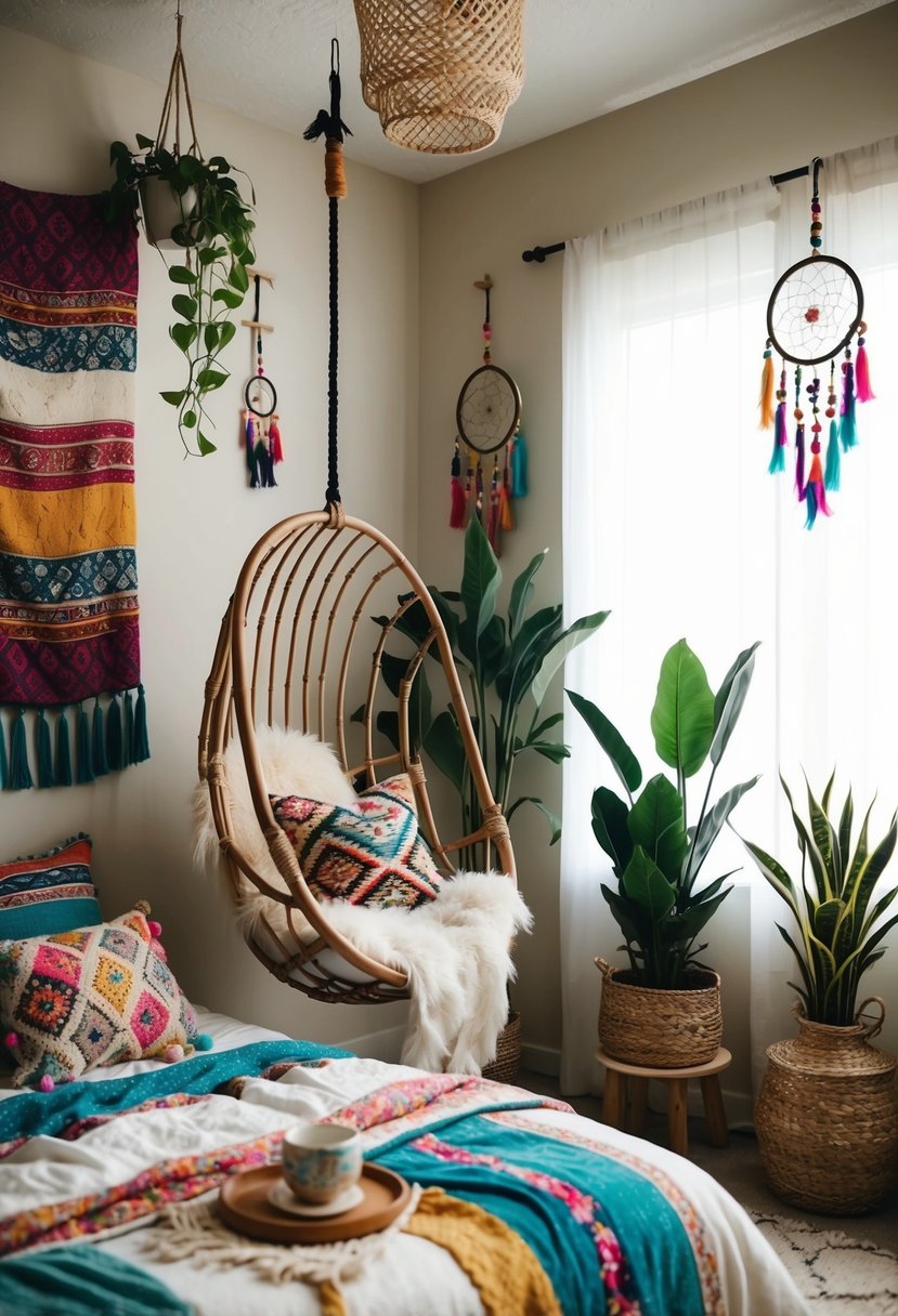 A cozy boho bedroom with a hanging chair surrounded by colorful textiles, plants, and dreamcatchers