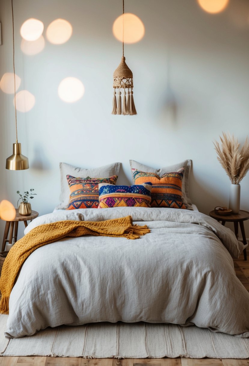 A cozy bohemian bedroom with a bed made of linen bedding, decorated with colorful pillows and a woven throw blanket