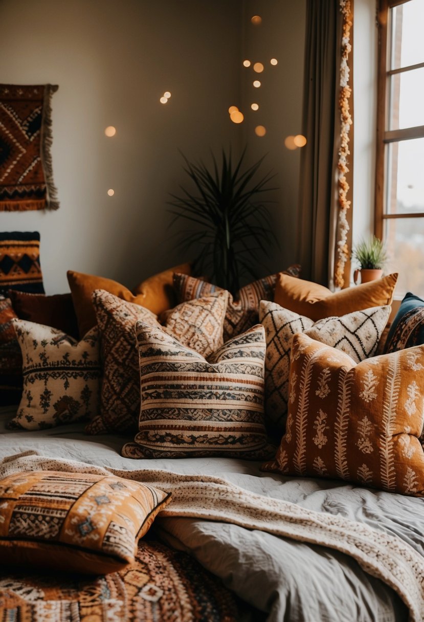 A cozy boho bedroom with an assortment of patterned throw pillows scattered across a bed and seating area. Warm, earthy tones and eclectic patterns create a relaxed and inviting atmosphere